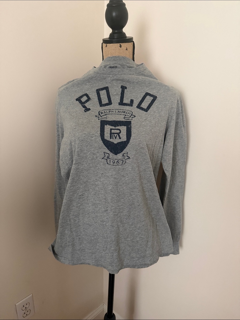 Polo by Ralph Lauren Gray Long-Sleeve Shirt with Navy Logo boys xl 18-20